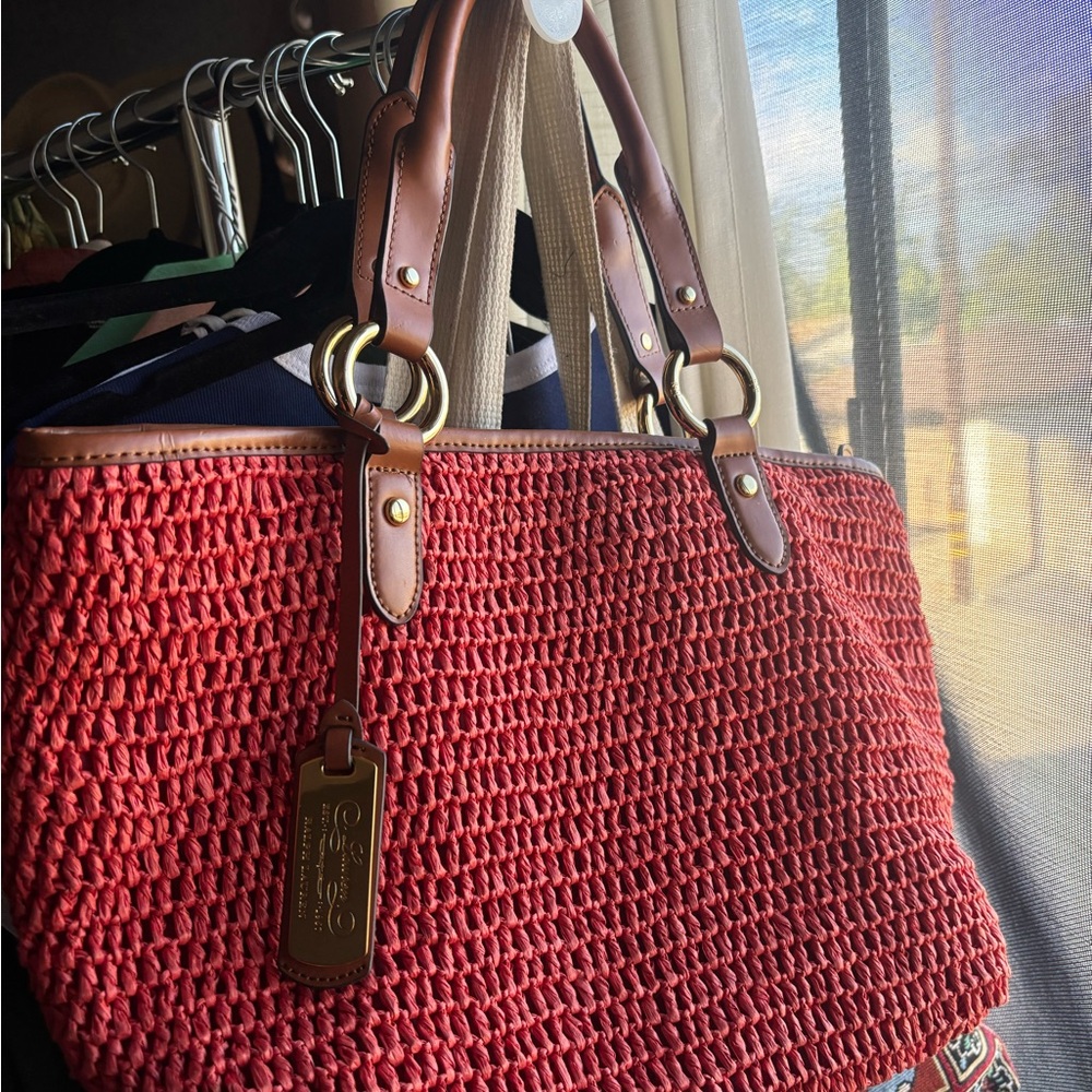 Ralph Lauren Red Crochet Tote with Brown Leather